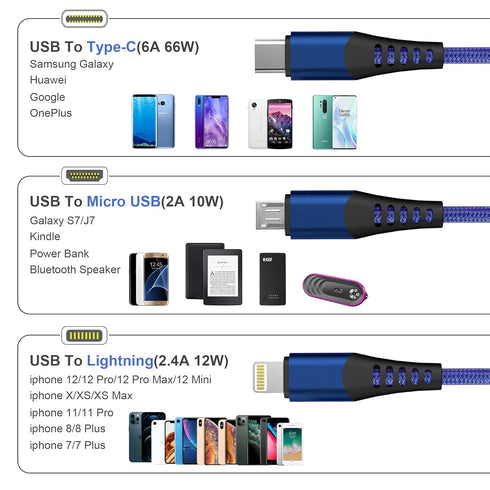 Multi 3 in 1 USB Long Charger Cable, 3M/10Ft 6A PD Fast Braided Charging Cord, Universal Multiple Ports Long Charging Cable with USB C/Micro USB/Lightning Connector