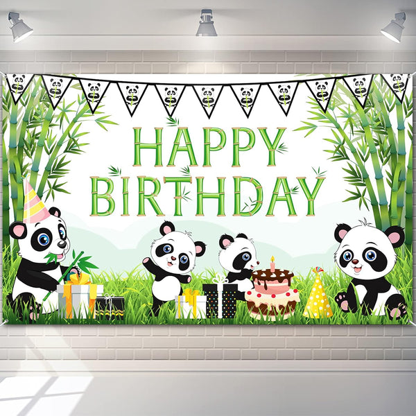 Cartoon Panda Birthday Decorations, Panda Backdrop for Party Supplies, Green Bamboo Background for Kids Birthday Party