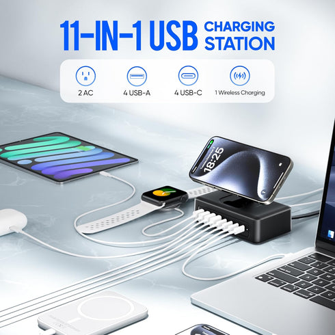 Acozvin 200W 11-in-1 2AC 8USB 5ft USB Charging Station, USB C Power Strip Surge Protector, Outlets & Ports, Flat Plug