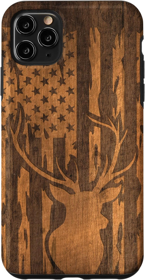 iPhone 11 Pro Max Case with Deer Buck and Flag on Wood-like Background