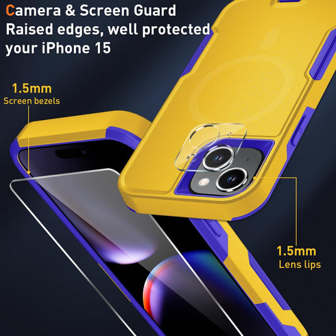 iPhone 15 Plus Magnetic Case - MIL-Grade Drop Tested, Tempered Glass Screen Protector, Yellow