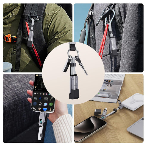 pzoz Portable Keychain Charger Short Cable with LED Display, 4-in-1 Multi USB C Fast Charging for iPhone, iPad, Samsung