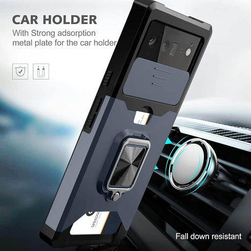 Google Pixel 6 2021 Case with Camera Cover & Kickstand, Slide Lens Cover, Rotate Ring Stand, Full Protect Blue