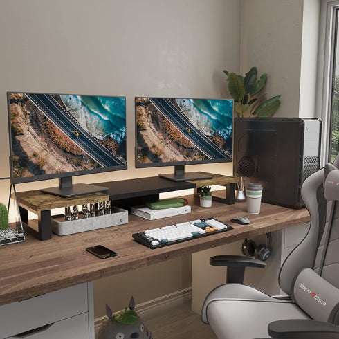 WESTREE Dual Monitor Stand Riser, Wood and Steel Monitor Stand for 2 Monitors, Multi-Purpose Desktop Storage Stand