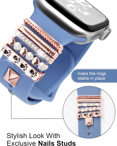 JR.DM 13 Pieces Rose Gold Watch Band Charms with 10-Pcs Decorative Rings & 3-Pcs Decoration, Compatible with Apple Watch