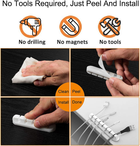 Cord Organizer Cable Management for Desk, 5 Packs White Clips and Self-Adhesive Holder
