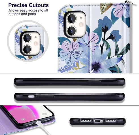 ULAK PU Leather Wallet Case for iPhone 11 with Card Holder, Flip Cover with Kickstand Magnetic Closure - Blossom Blue