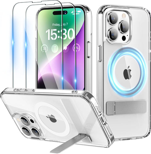 Magnetic Case for iPhone 15 Pro Max, Clear, with Slim Kickstand & Screen Protector, Compatible with MagSafe