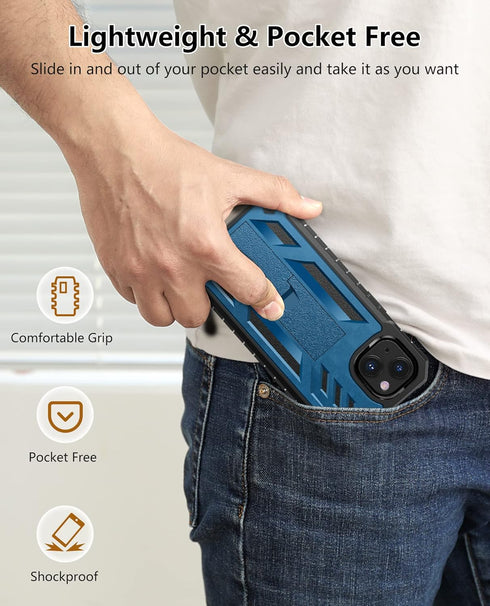 Protective Case for iPhone 13/14, Heavy Duty Military Grade Cover with Built-in Kickstand, Durable Dual-Layer Blue