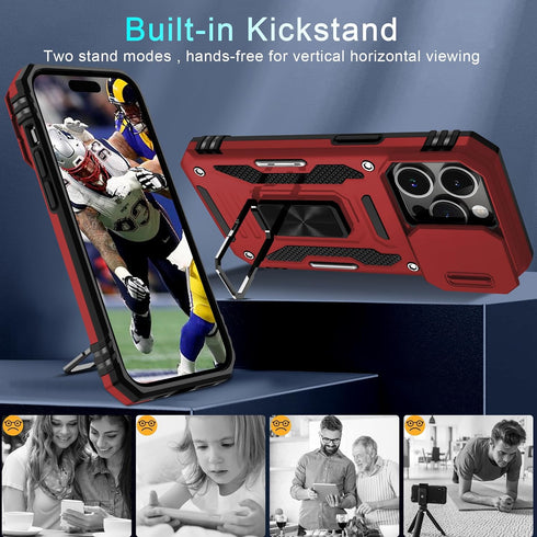 DEERLAMN Military Grade Shockproof Case for iPhone 15 Pro Max, with Slide Camera Cover + Screen Protector (1 Pack), Red