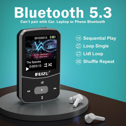 RUIZU 64GB Clip MP3 Player with Bluetooth 5.3, Portable Music Player with Voice Recorder, FM Radio, Black