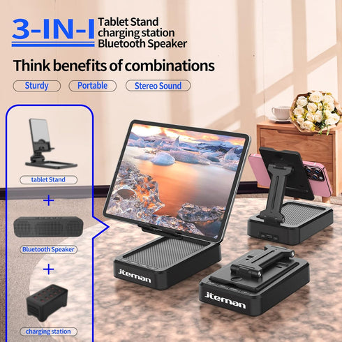 JTEMAN Tablet Stand Adjustable with Bluetooth Speakers - Kitchen Gadgets, Wireless Speaker Tablet Holder, Desk Mic