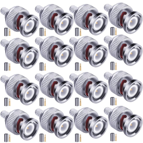 BNC Male Connector, 16 Pcs 50 Ohm BNC Male Plug Crimp Connector for RG58 LMR195 Coaxial Cable