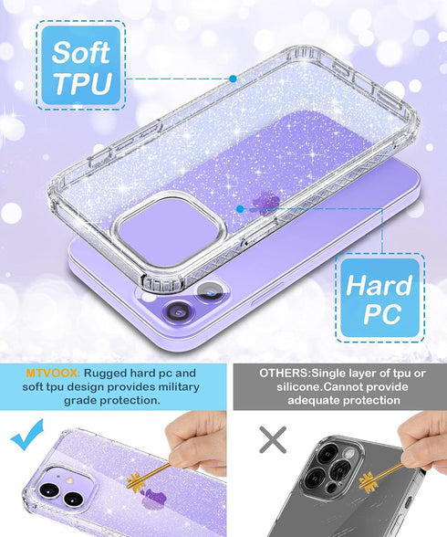 MIODIK Clear Glitter iPhone 12 & 12 Pro Case, Shockproof Slim Cover with Stand, Non-Slip, 6.1 Inch - Sparkle Clear
