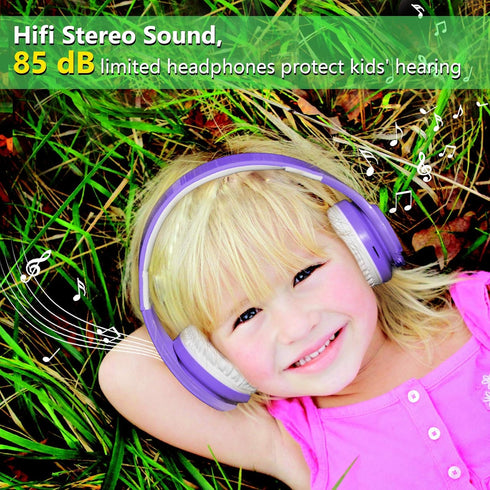 Kids Wireless Bluetooth Headphones Volume Limited 85db/110db Stereo Sound Over-Ear Foldable Children Headphones with Mic SD Card Slot up to 16 Hours Play time for Boys Girls Adults (Purple)