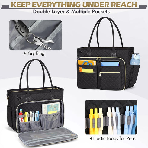 RAINSMORE 15.6 inch Teacher Tote Bag for Women, Laptop Work Bag with Insulated Pocket, Black