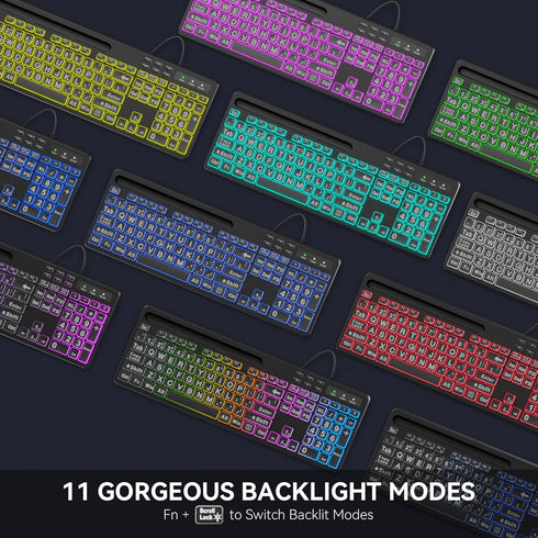 MARVO Large Print Backlit Keyboard, WK712 Wired Computer Keyboard with 7 Colors & 11 Modes for Windows, Mac