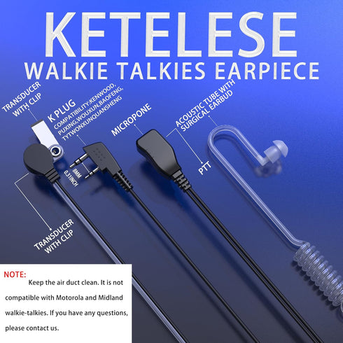 Walkie Talkie Earpiece with Mic, 2 Pin Air Acoustic Tube Surveillance Headset, Compatible with Baofeng, Kenwood, 1 Pack