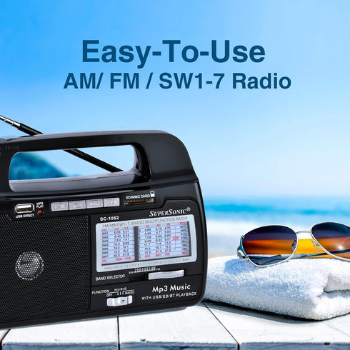Supersonic 9 Band AM/FM/SW 1-7 Portable Radio, High Sensitivity Receiver, Rechargeable Battery, Torch Light