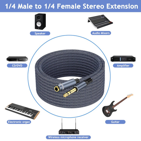 1/4 inch Extension Cable 15ft, 1/4" inch Male to Female Stereo Headphone Guitar Extension Cable, Quarter inch Headphone