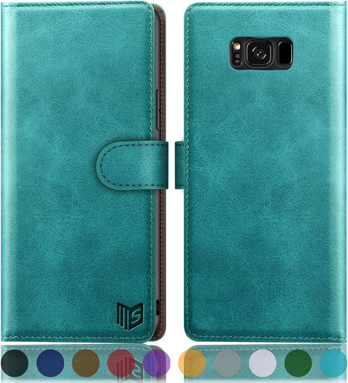 SUANPOT Leather Wallet Case for Samsung Galaxy S8 5.8" with RFID Blocking, Flip Folio Book Phone Case, Blue Green
