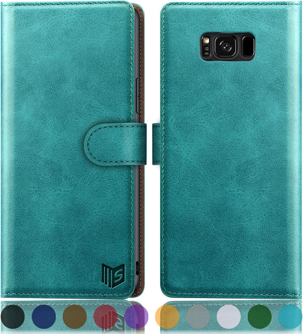 SUANPOT Leather Wallet Case for Samsung Galaxy S8 5.8" with RFID Blocking, Flip Folio Book Phone Case, Blue Green
