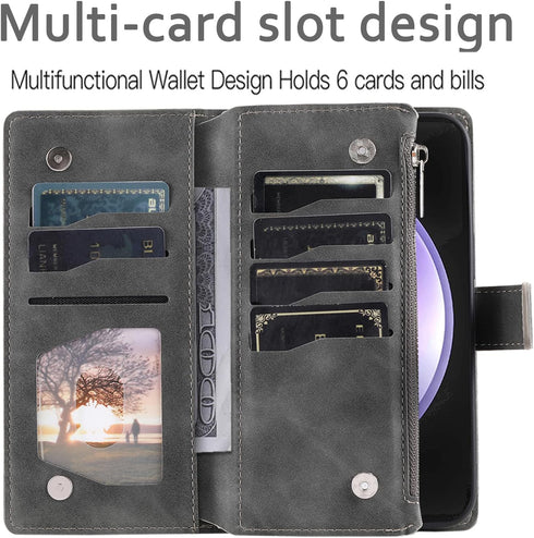 Samsung Galaxy S23 FE 5G Wallet Case with Mandala Flower, Tempered Glass Protector, Wrist Strap, and Card Holder - Grey.