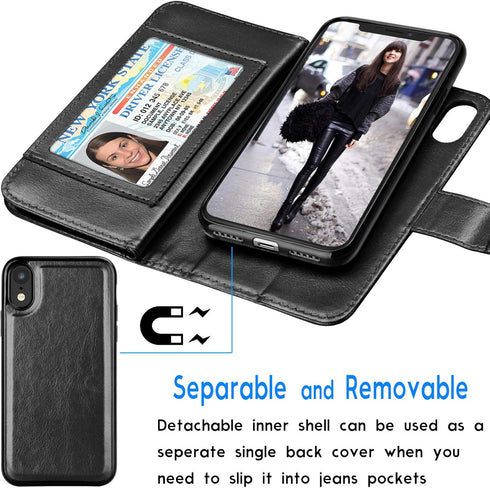 Tekcoo Wallet Case for iPhone XR, 6.1" Black PU Leather Folio Flip Cover with Cash ID Credit Card Slots & Kickstand