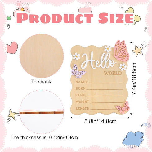 TERJIO Butterfly Daisy Hello World Board - Little Butterfly Birth Announcement Sign,Wooden Hello World Card