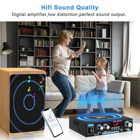 Home Audio Amplifier AK-35 HiFi Bluetooth 5.0 Mini Stereo Power Amp Receivers 2.0 Channel RMS 30W x 2 Max. 200W Output with USB,AUX,FM Radio for Home Theater Speakers System