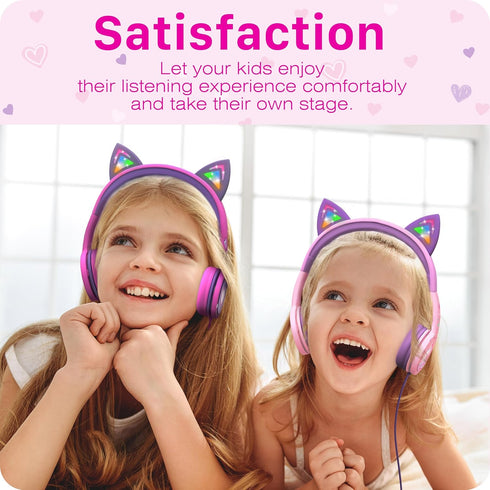 FosPower Kids Headphones with LED Light Up Cat Ears, 3.5mm On Ear Audio Headphones, Baby Pink/Lavender