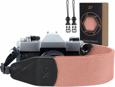 Padwa Lifestyle Pink Camera Strap, 2" Wide Cotton Woven Genuine Leather Head Straps, Includes 2 Quick Release Clips