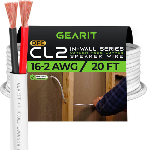 GearIT 16AWG 16/2 Speaker Wire (20 Feet) - Fire Safety In-Wall Rated Audio Cable, OFC Copper, White