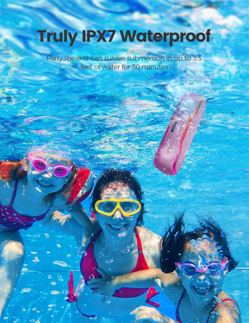 Portable Bluetooth Speaker, IPX7 Waterproof, Colorful Flashing Lights, 24H Playtime, Pink