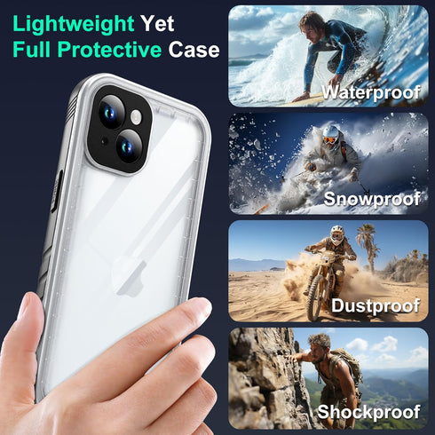 SOKUSIN Waterproof Case for iPhone 15 - Shockproof Drop Proof Dustproof Clear Phone Case with Built-in Screen & Camera