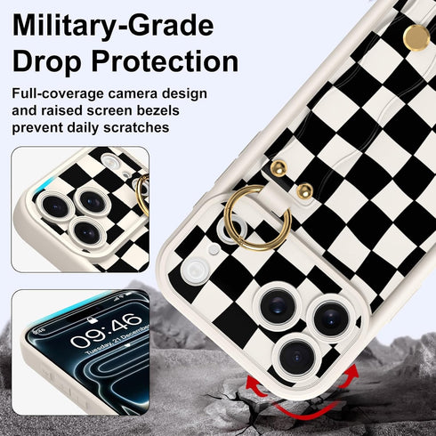 Jefonha 17 Compatible with Phone Pro Max Case with Finger Strap for Girls Women, Cute Checkered Checkerboard Phone Case