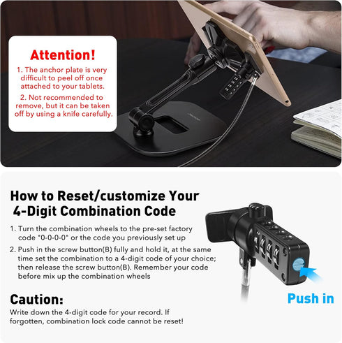 AboveTEK iPad Lock Security Cable - 6Ft Keyless 4 Digit Combination Tablet Lock Kit for Retail Store