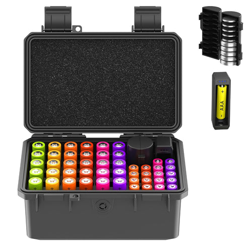 KIWIFOTOS 58 Slots Battery Case Holder with Tester, IP67 Waterproof Outdoor Storage Organizer for AA AAA Batteries