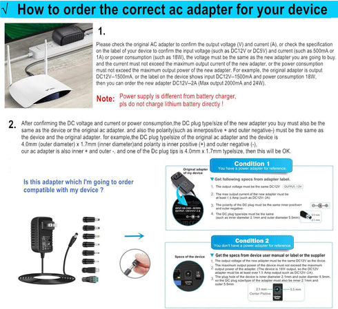 Universal AC Adapter 15V 1A Power Supply, 15W AC110V to DC15V Driver with 8 DC Plug Tips