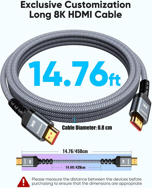 8K@60 15FT, 48Gbps 2.1 4K120 144Hz 3090 2.2&2.3 PS5, Highwings Long HDMI Cable High Speed Gaming HDMI Cord RTX eARC