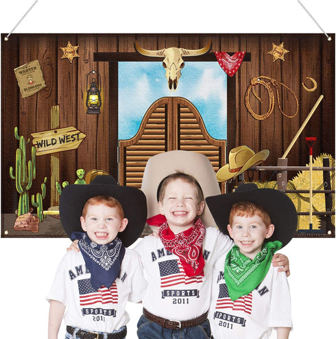 Western Party Decorations, 70.8 x 43.3 Inch Large Cowboy Backdrop, Rustic Wild West Theme Banner for Baby Shower Photo