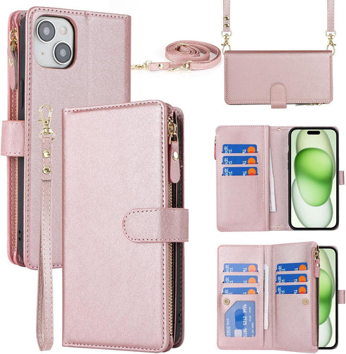 Jaorty iPhone 15 Plus Wallet Case for Women with Card Holder, Crossbody Case with Strap, Zipper Pocket, Rosegold