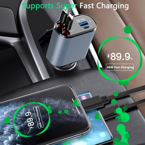 Retractable Car Charger, 4 in 1 Fast Charge Adapter 100W, Retractable Cables for iPhone & Type-C