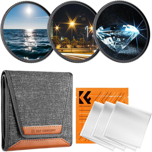K&F Concept 52mm Star Filters Kit (3pcs) - 4 Points, 6 Points, 8 Points Cross Screen Starburst Filters Set