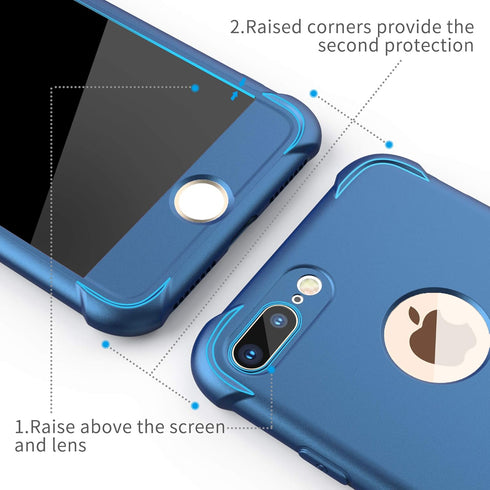 ORETECH iPhone 8 Plus/7 Plus Case with 2 Pack 9H Tempered Glass Screen Protector, 360° Full Body Hard PC Silicone - Blue
