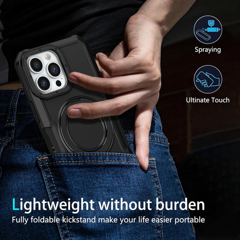 iPhone 13 Pro Case - Black, MIL-Grade Shockproof, Dual Layer, Built-in Stand & Ring Holder, Compatible with MagSafe.
