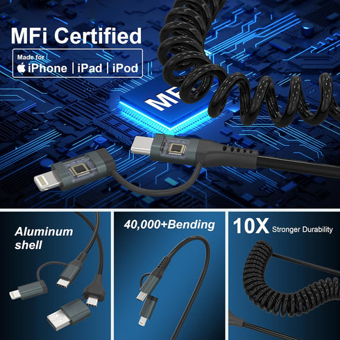 USB-C and Lightning Cable 4 in 1 Combo - MFi Certified Coiled iPhone Charger Cord for Apple Carplay & Android Auto