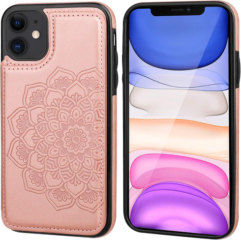 Vaburs iPhone 11 Case Wallet - Embossed Mandala Pattern Flower PU Leather Cover with Card Holder, Flip Shockproof for