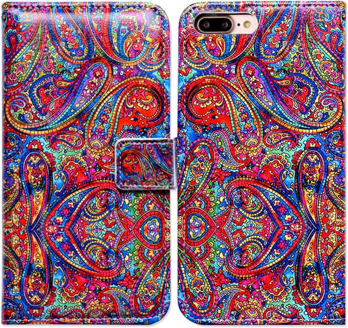 iPhone 8 Plus Case, iPhone 7 Plus Case, Bright Paisley Pattern Card Slot Wallet Leather Cover for iPhone 8/7 Plus