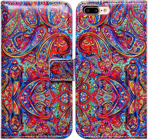 iPhone 8 Plus Case, iPhone 7 Plus Case, Bright Paisley Pattern Card Slot Wallet Leather Cover for iPhone 8/7 Plus